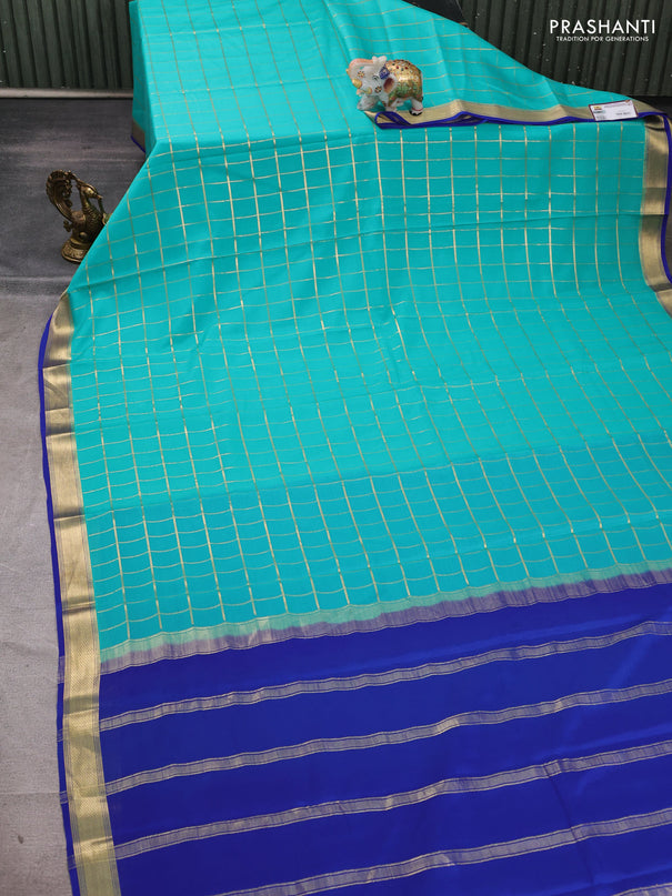 Pure mysore silk saree teal blue and blue with allover zari checked pattern and zari woven border