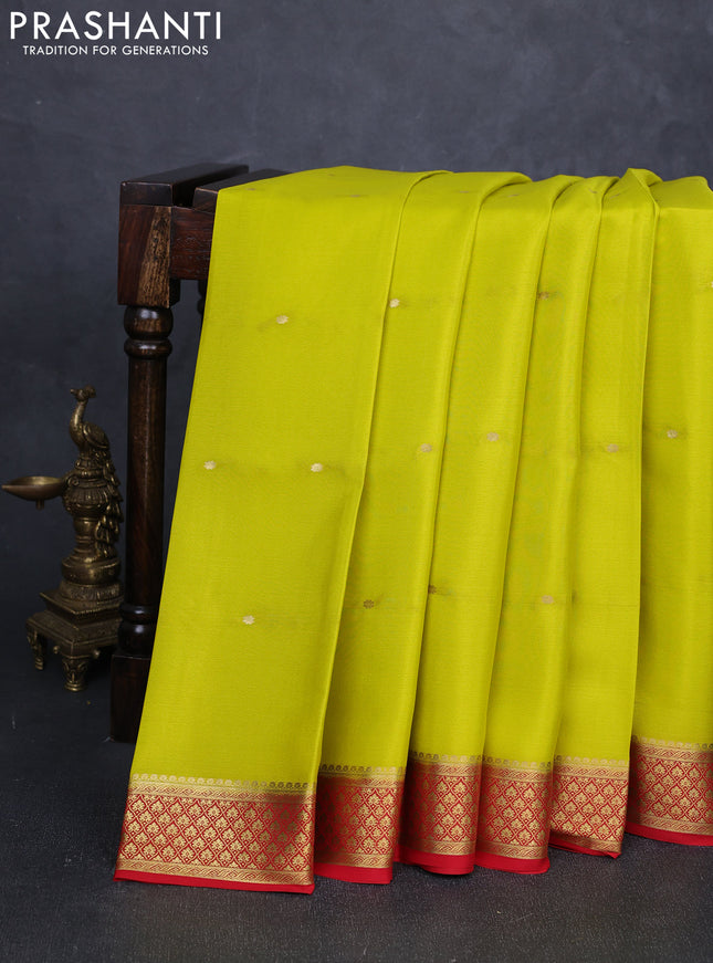 Pure mysore silk saree lime green and red with allover zari woven buttas and zari woven border