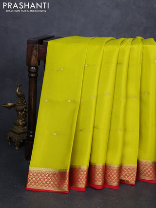 Pure mysore silk saree lime green and red with allover zari woven buttas and zari woven border