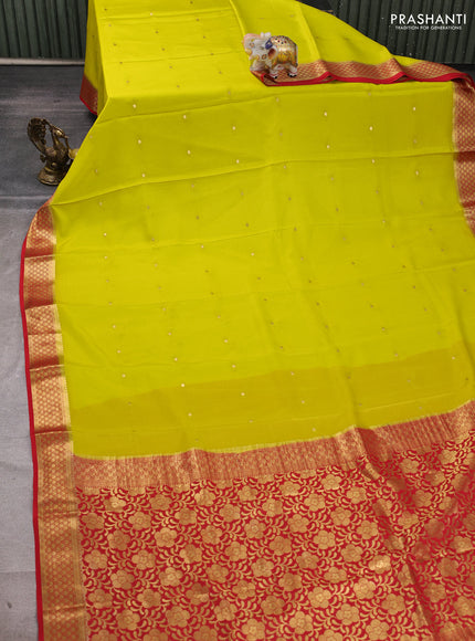 Pure mysore silk saree lime green and red with allover zari woven buttas and zari woven border