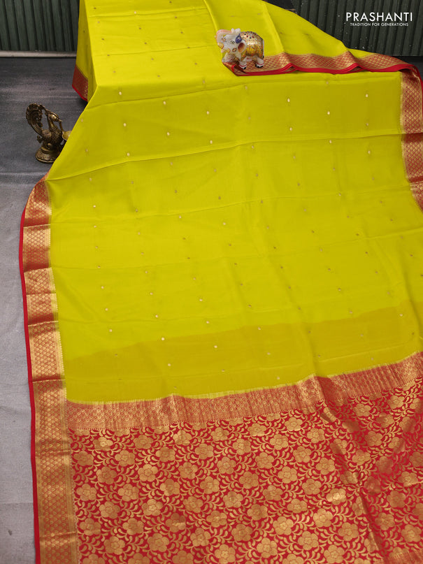Pure mysore silk saree lime green and red with allover zari woven buttas and zari woven border