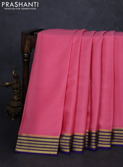 Pure mysore silk saree light pink and blue with plain body and zari woven border