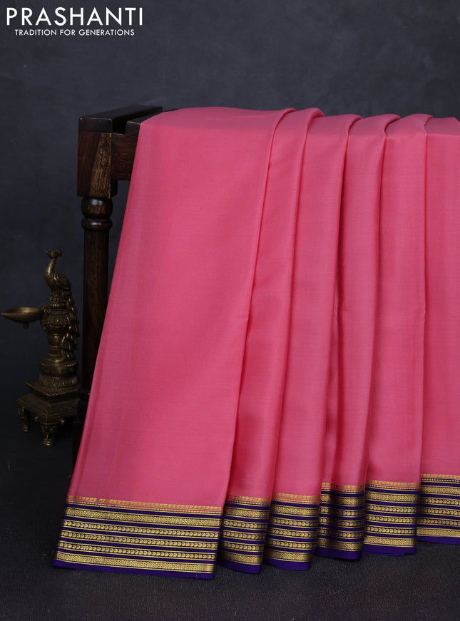 Pure mysore silk saree light pink and blue with plain body and zari woven border