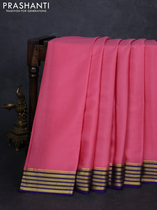 Pure mysore silk saree light pink and blue with plain body and zari woven border