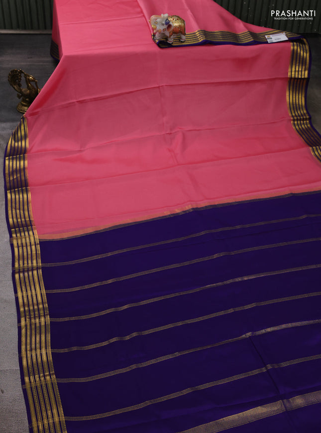 Pure mysore silk saree light pink and blue with plain body and zari woven border
