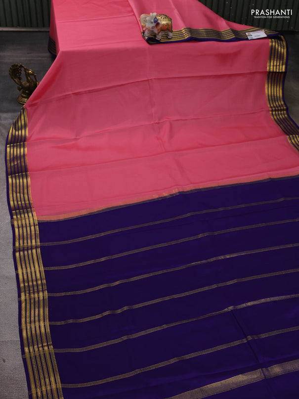 Pure mysore silk saree light pink and blue with plain body and zari woven border