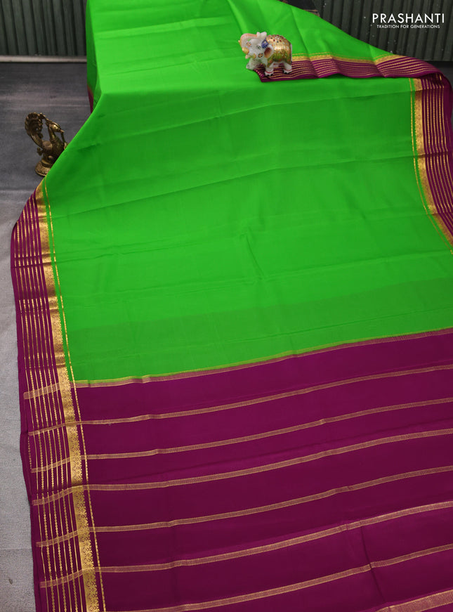 Pure mysore silk saree light green and wine shade with plain body and zari woven border