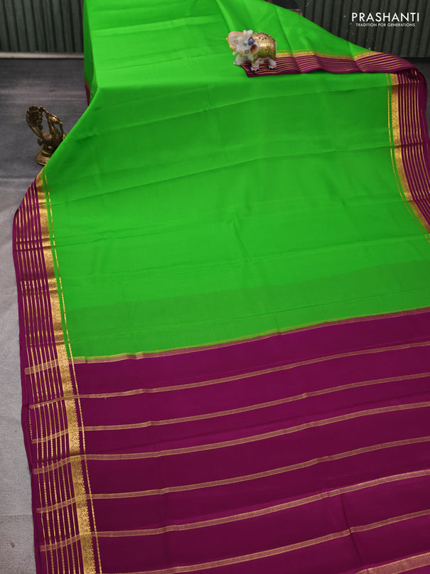 Pure mysore silk saree light green and wine shade with plain body and zari woven border