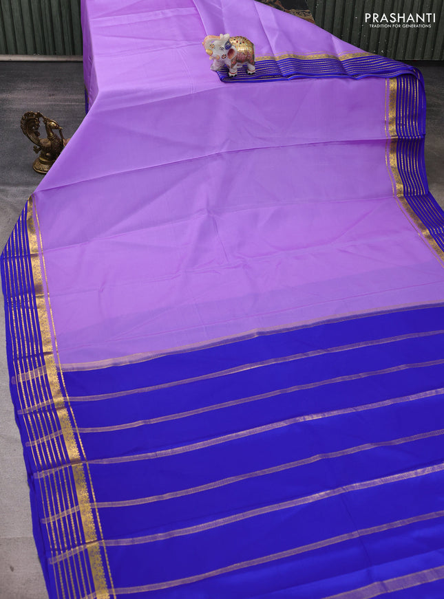 Pure mysore silk saree lavender and royal blue with plain body and zari woven border