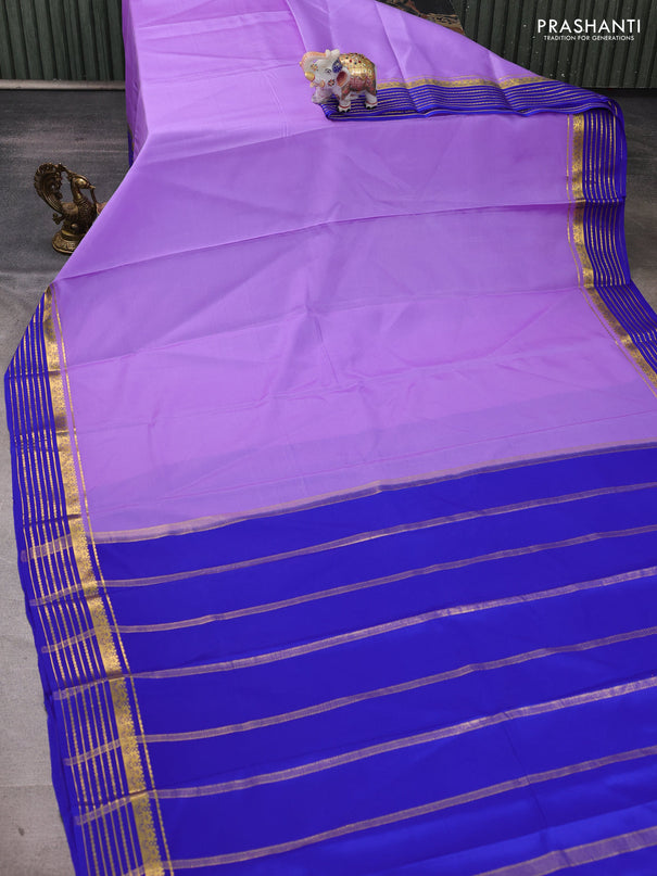 Pure mysore silk saree lavender and royal blue with plain body and zari woven border