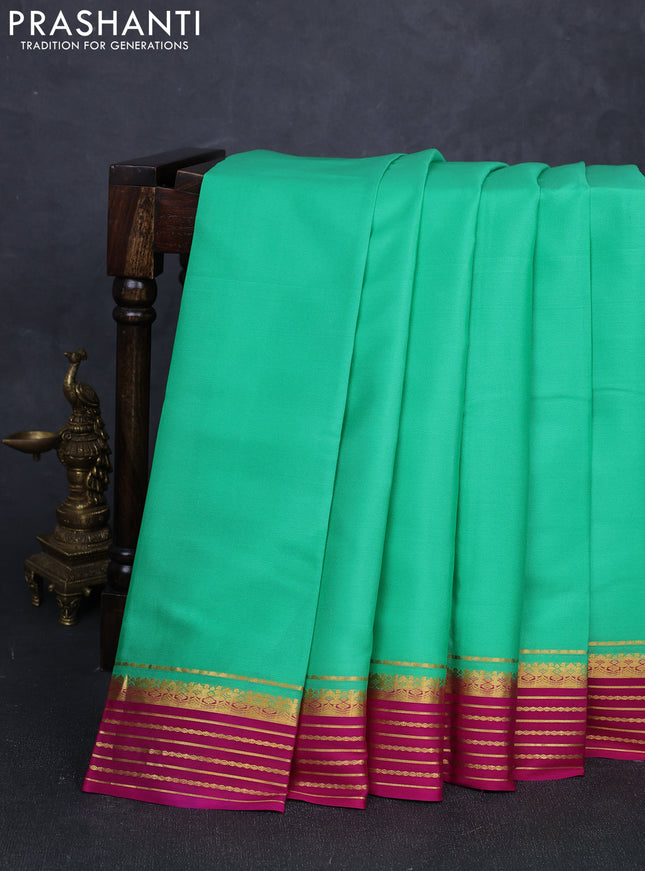 Pure mysore silk saree teal green and pink with plain body and zari woven border