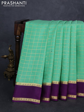 Pure mysore silk saree pista green and purple with allover zari checked pattern and rettapet zari woven border
