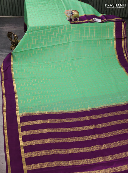 Pure mysore silk saree pista green and purple with allover zari checked pattern and rettapet zari woven border