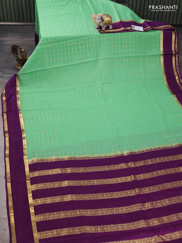 Pure mysore silk saree pista green and purple with allover zari checked pattern and rettapet zari woven border