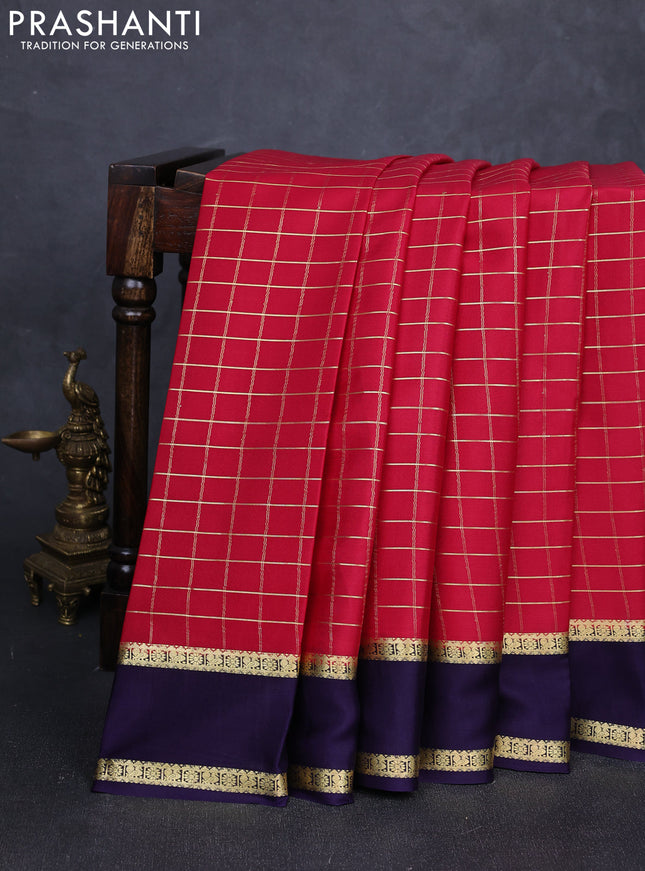 Pure mysore silk saree pink and violet with allover zari checked pattern and rettapet zari woven border