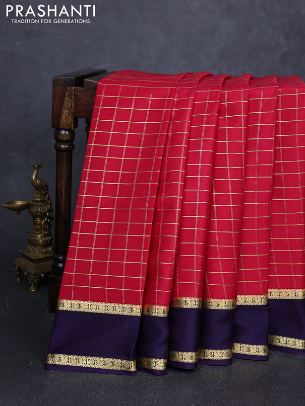 Pure mysore silk saree pink and violet with allover zari checked pattern and rettapet zari woven border