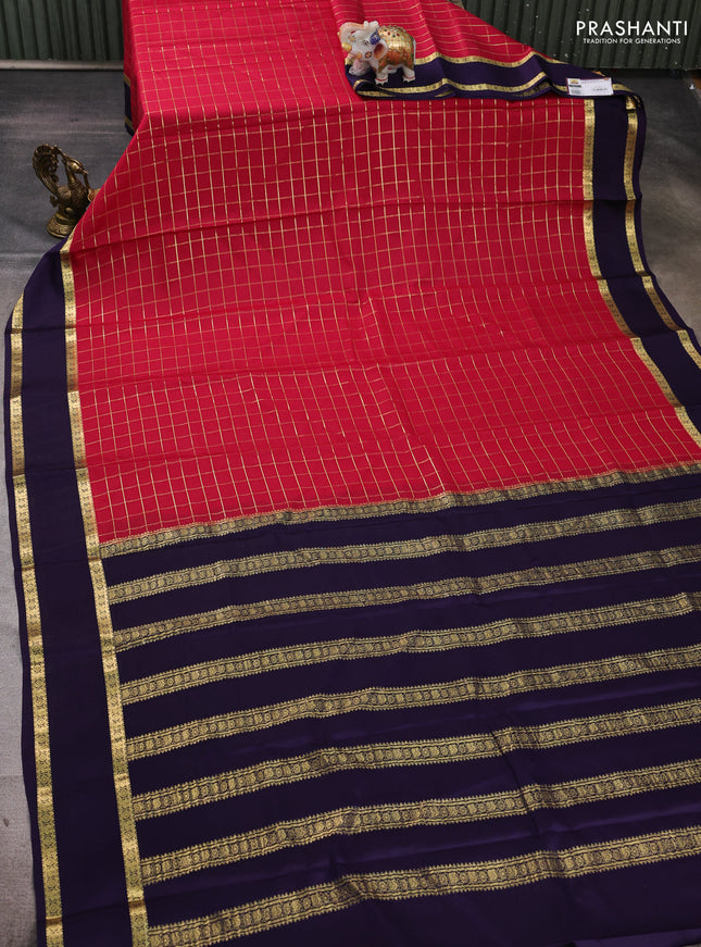 Pure mysore silk saree pink and violet with allover zari checked pattern and rettapet zari woven border