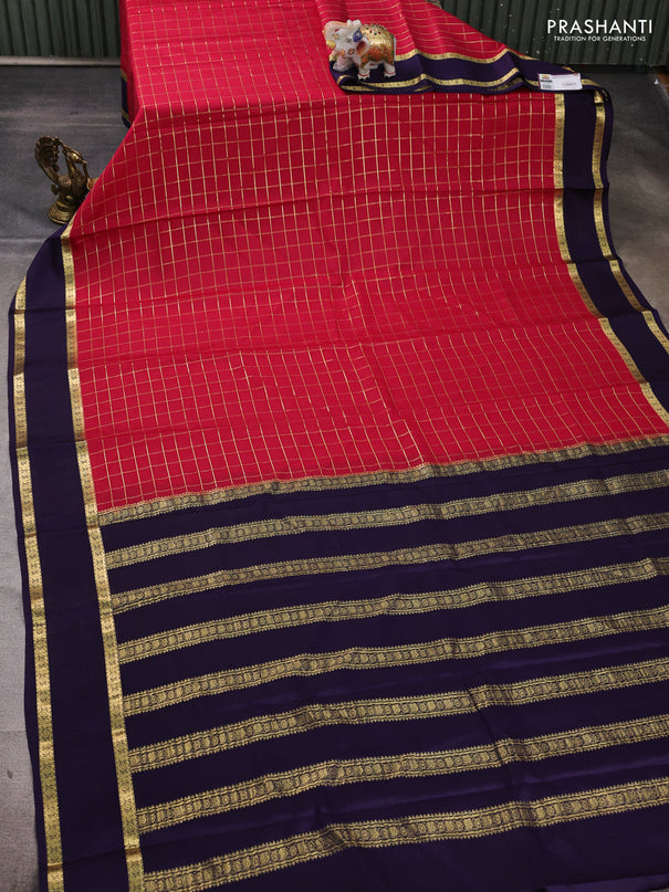 Pure mysore silk saree pink and violet with allover zari checked pattern and rettapet zari woven border