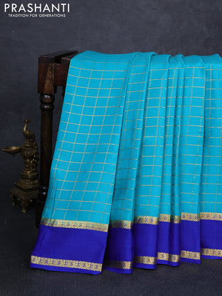 Pure mysore silk saree cs blue and blue with allover zari checked pattern and rettapet zari woven border