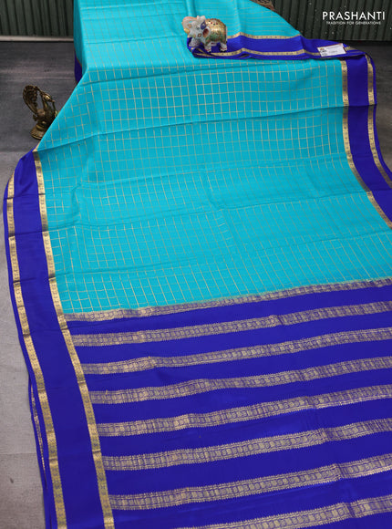 Pure mysore silk saree cs blue and blue with allover zari checked pattern and rettapet zari woven border