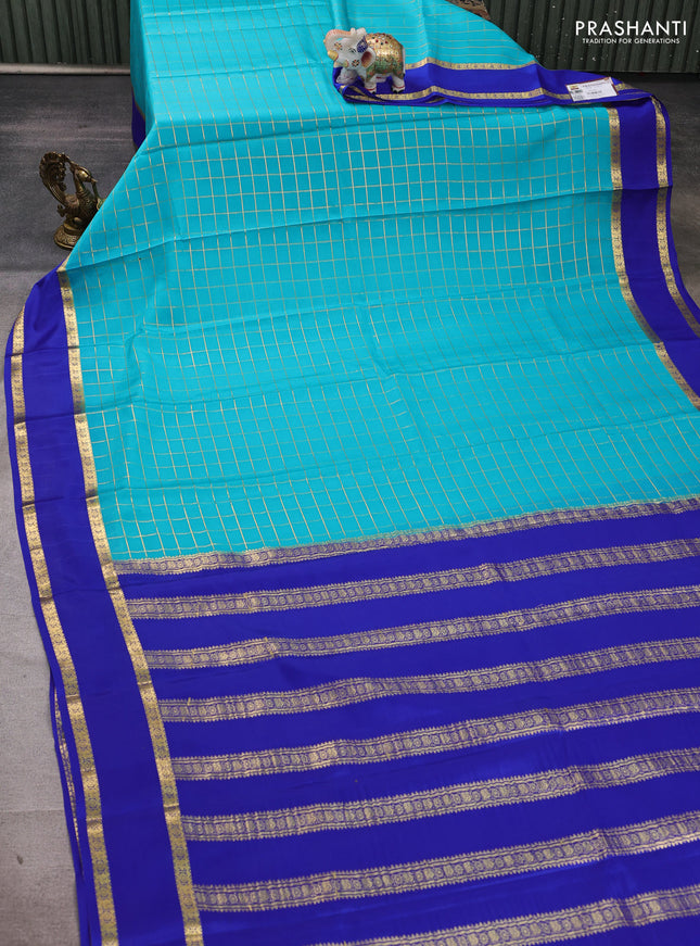 Pure mysore silk saree cs blue and blue with allover zari checked pattern and rettapet zari woven border