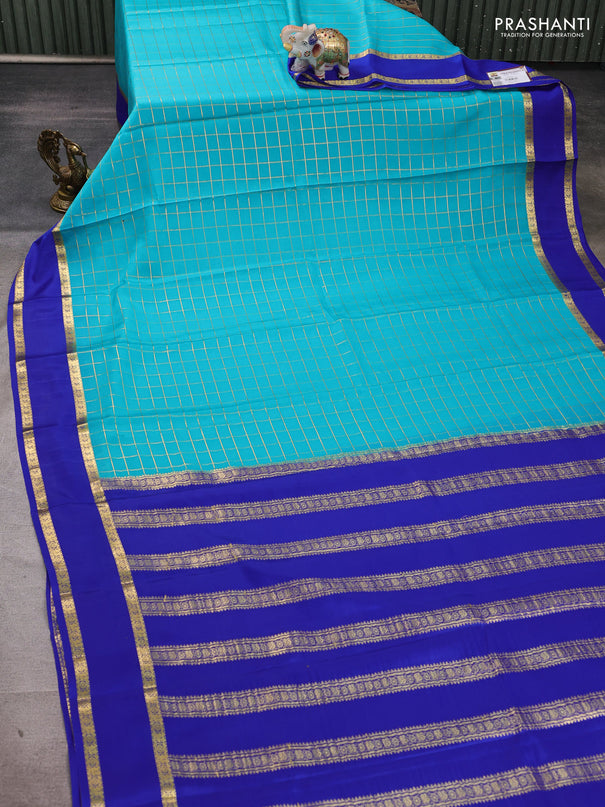 Pure mysore silk saree cs blue and blue with allover zari checked pattern and rettapet zari woven border