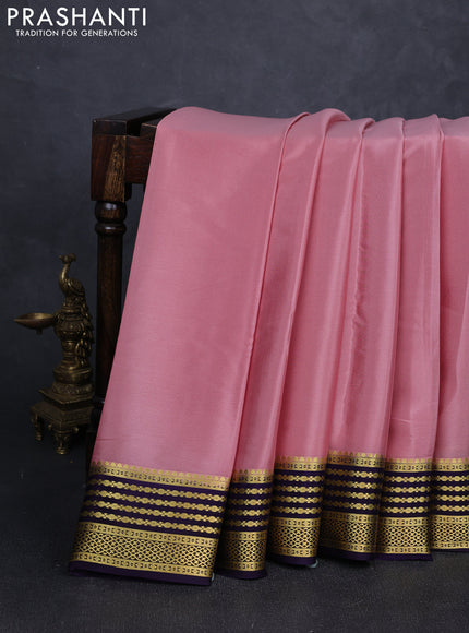 Pure mysore silk saree peach shade and violet with plain body and zari woven border
