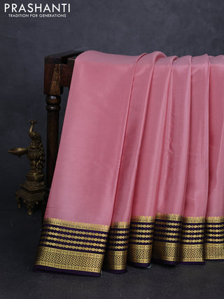 Pure mysore silk saree peach shade and violet with plain body and zari woven border