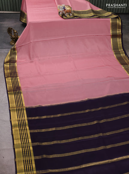 Pure mysore silk saree peach shade and violet with plain body and zari woven border