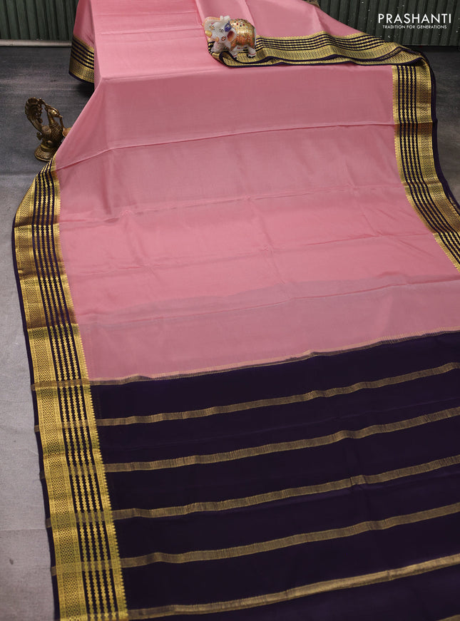 Pure mysore silk saree peach shade and violet with plain body and zari woven border