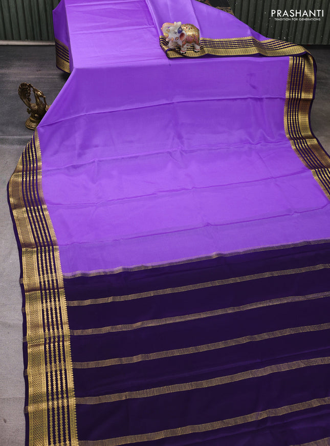 Pure mysore silk saree lavender and violet with plain body and zari woven border