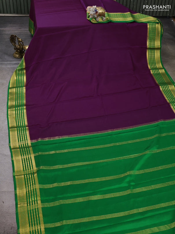 Pure mysore silk saree purple and green with plain body and zari woven border