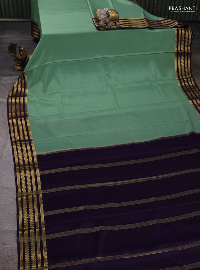 Pure mysore silk saree pastel green and violet with plain body and zari woven border