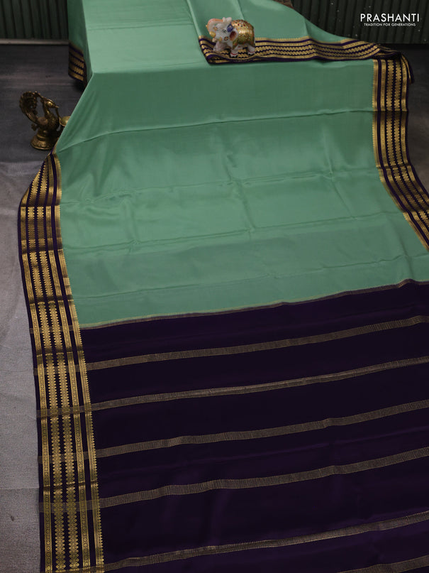 Pure mysore silk saree pastel green and violet with plain body and zari woven border