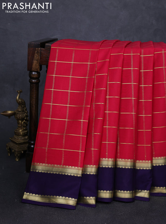 Pure mysore silk saree tomato pink and navy blue with allover zari checked pattern and rettapet zari woven border