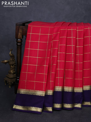 Pure mysore silk saree tomato pink and navy blue with allover zari checked pattern and rettapet zari woven border