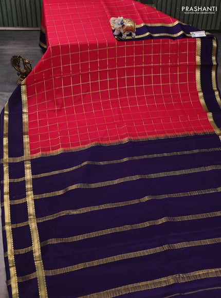 Pure mysore silk saree tomato pink and navy blue with allover zari checked pattern and rettapet zari woven border