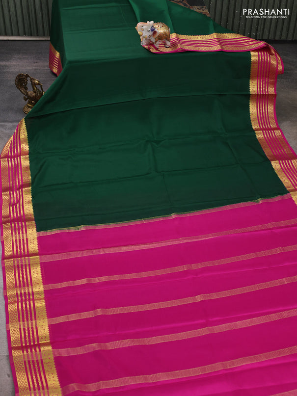 Pure mysore silk saree green and pink with plain body and zari woven border