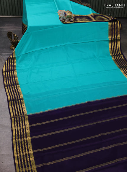 Pure mysore silk saree teal blue and violet with plain body and zari woven border
