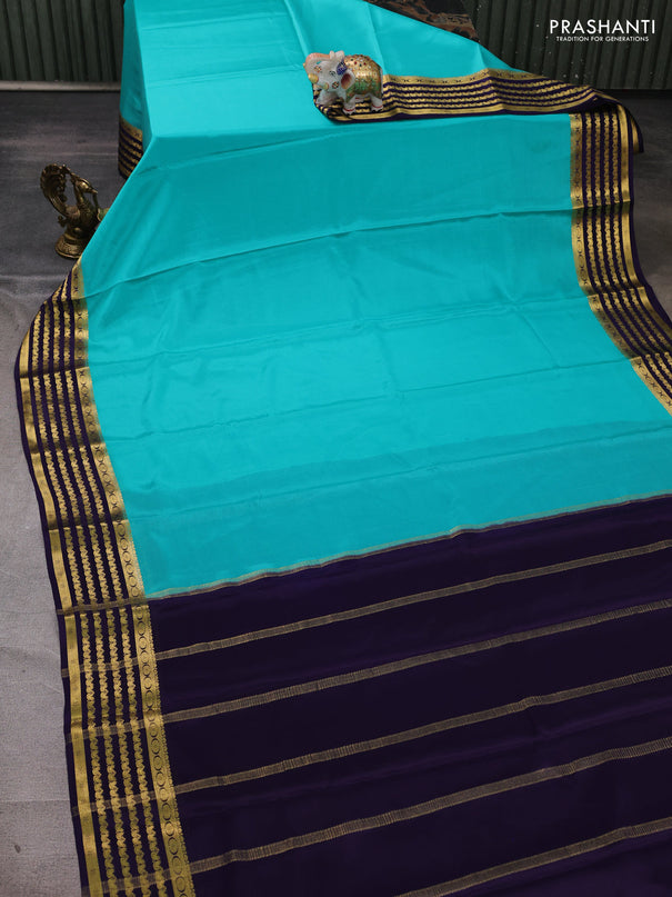 Pure mysore silk saree teal blue and violet with plain body and zari woven border