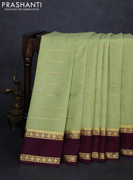 Pure mysore silk saree pista green and wine shade with allover zari checked pattern and rettapet zari woven border