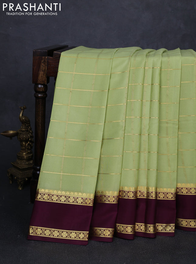 Pure mysore silk saree pista green and wine shade with allover zari checked pattern and rettapet zari woven border