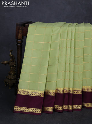 Pure mysore silk saree pista green and wine shade with allover zari checked pattern and rettapet zari woven border