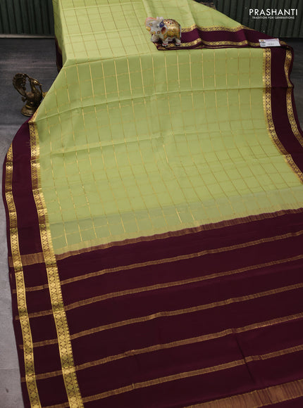 Pure mysore silk saree pista green and wine shade with allover zari checked pattern and rettapet zari woven border