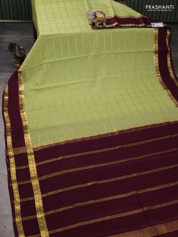 Pure mysore silk saree pista green and wine shade with allover zari checked pattern and rettapet zari woven border
