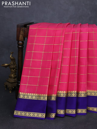 Pure mysore silk saree peach pink and violet with allover zari checked pattern and rettapet zari woven border