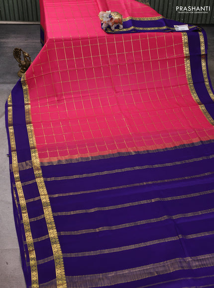 Pure mysore silk saree peach pink and violet with allover zari checked pattern and rettapet zari woven border