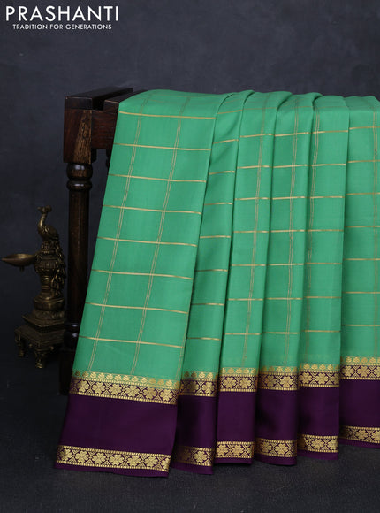 Pure mysore silk saree teal green and purple with allover zari checked pattern and rettapet zari woven border