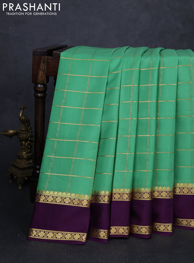 Pure mysore silk saree teal green and purple with allover zari checked pattern and rettapet zari woven border
