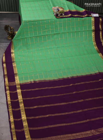 Pure mysore silk saree teal green and purple with allover zari checked pattern and rettapet zari woven border